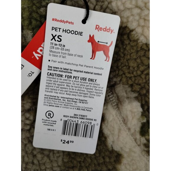 Reddy Camo Sherpa Hoodie Warm Sweater with Green Pocket for Dogs XS 11-13 inch - Picture 3 of 5
